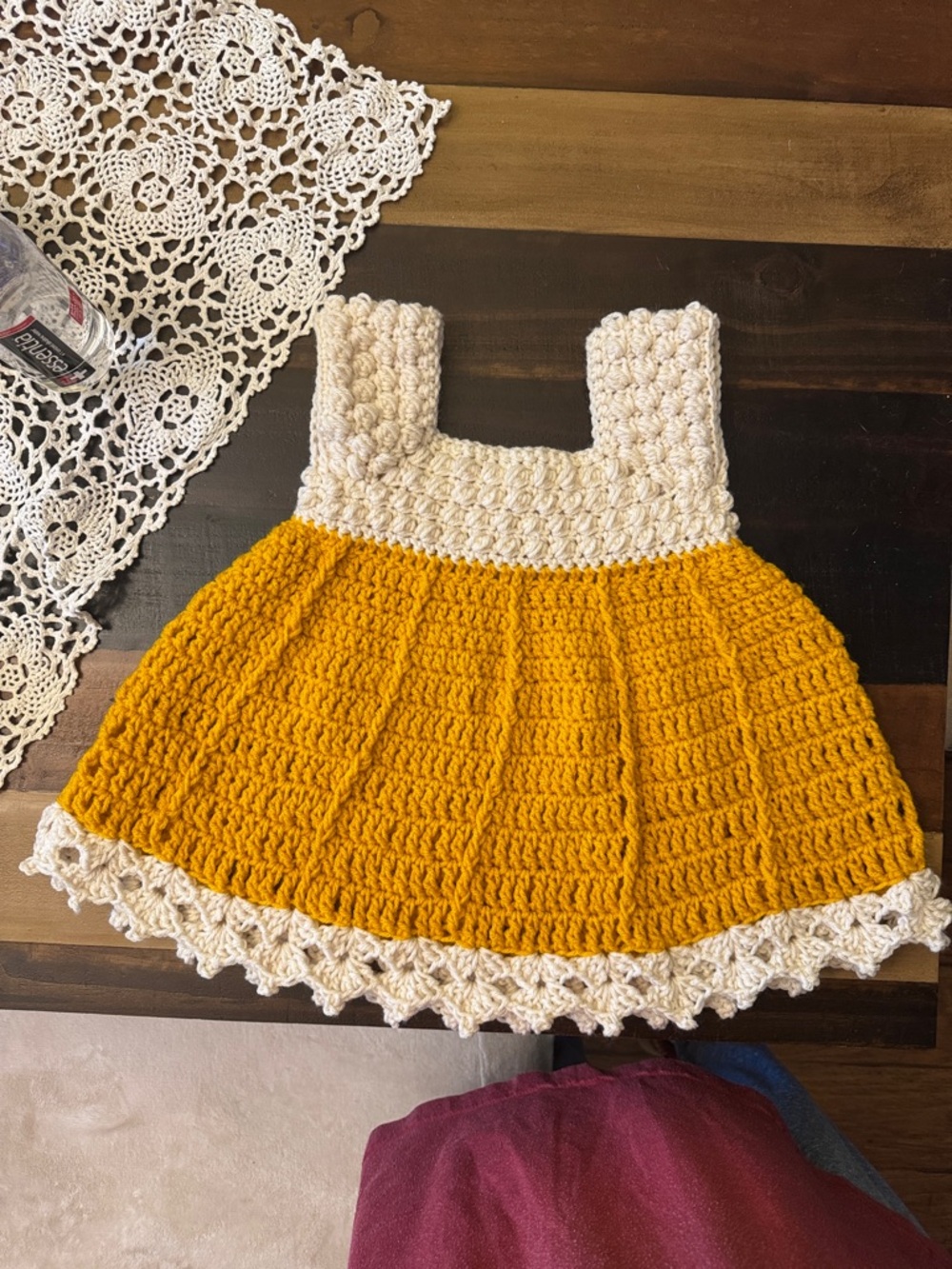 Handmade Crochet Baby Dress in Mustard and Cream